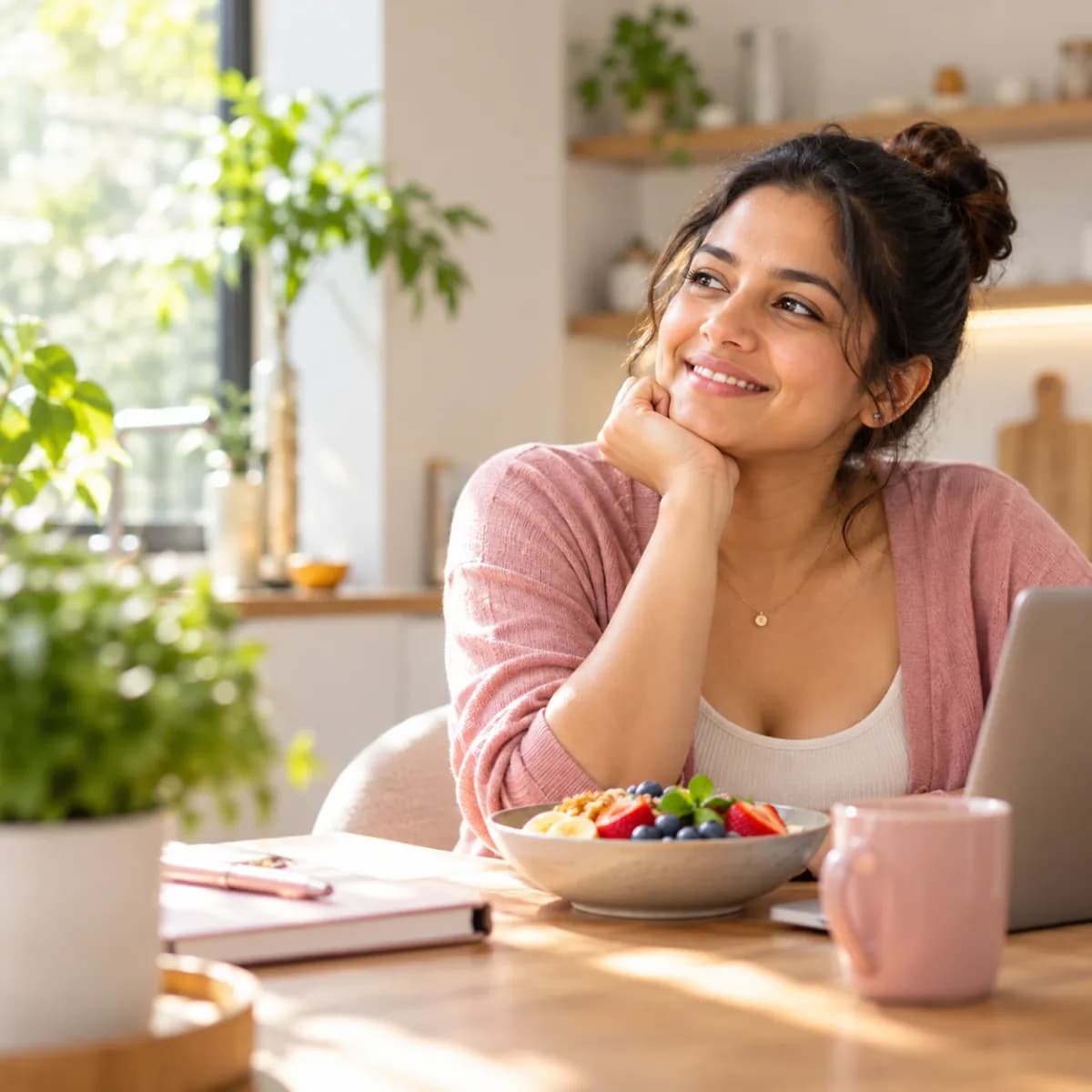 A smiling woman at her kitchen table with a bowl of fruit, notebook and laptop
