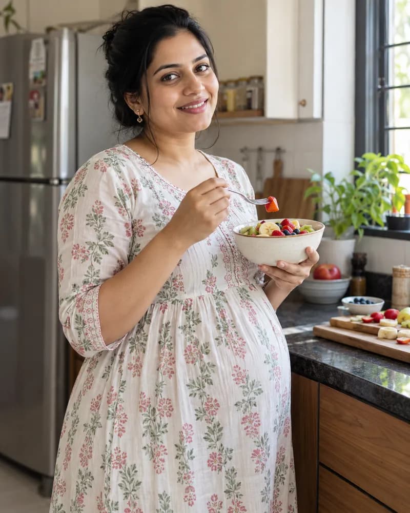 A pregnant woman enjoying a bowl of fruit in her kitchen