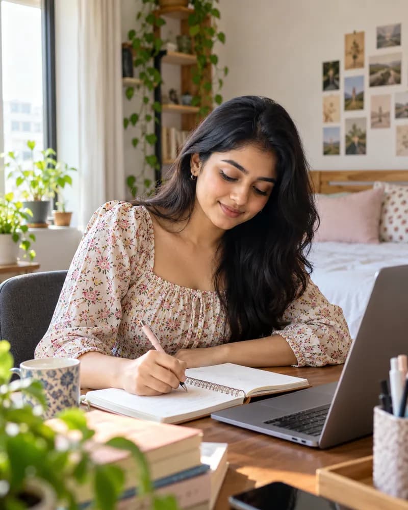 A woman writing in a notebook at her desk