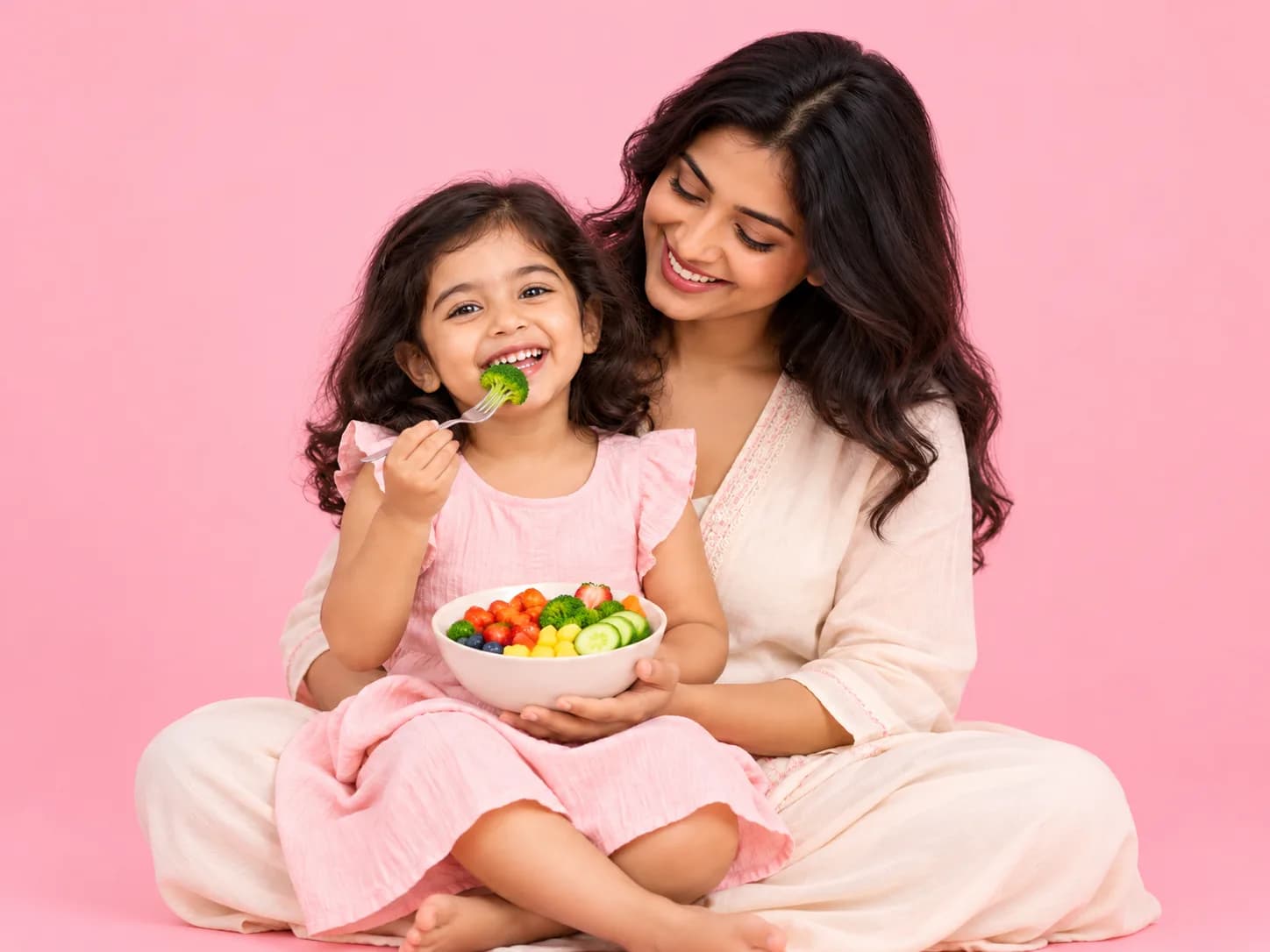 A smiling mother holding her young daughter, who is happily eating vegetables from a bowl